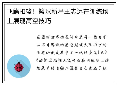 飞觞扣篮！篮球新星王志远在训练场上展现高空技巧